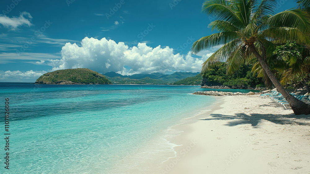 Naklejka premium serene tropical beach with soft white sand, clear turquoise water, and lush palm trees under bright blue sky. Perfect for relaxation and escape