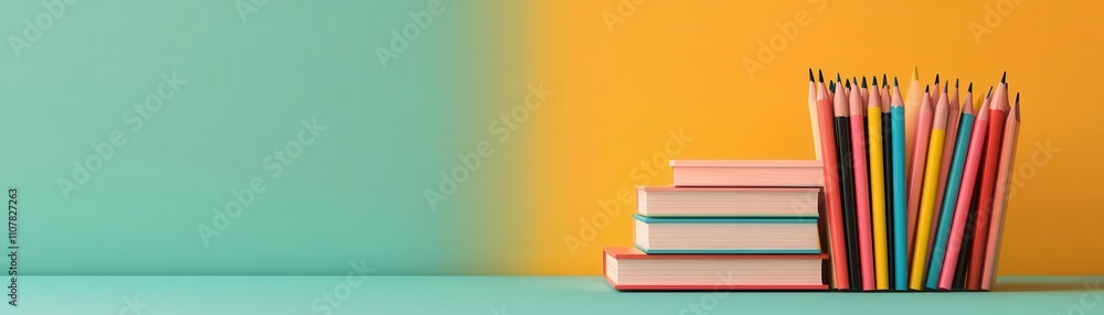 Fototapeta premium A vibrant workspace with stacked books and colorful pencils against a teal and yellow background, creating an inviting and creative atmosphere.