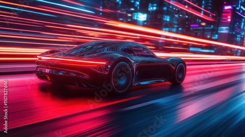 Futuristic sports car speeding through vibrant city at night.