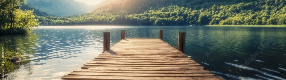Fototapeta premium Rustic Dock by Tranquil Lake, a serene wooden structure extending into calm waters, gentle ripples reflecting surrounding mountains, evoking peace and natural beauty.