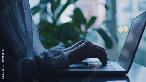 Woman s Hands Typing on Laptop Closeup Home Office Technology Work photo