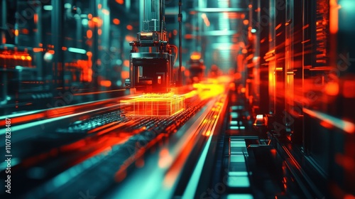 Futuristic factory automation; glowing orange and teal robotic arm moves cubes on production line.