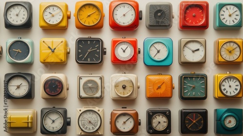 Collection of vintage square clocks in various colors arranged on a white background. photo