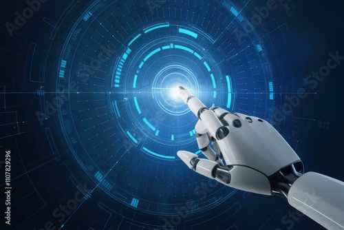 A white robotic hand is touching a glowing circular interface.