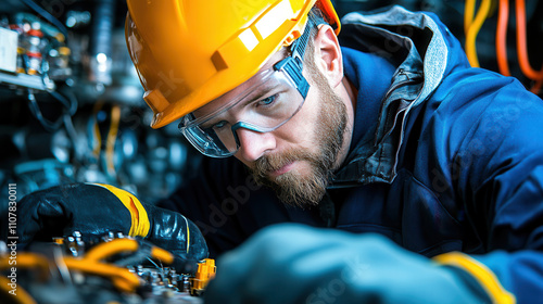 technician wearing hard hat and safety glasses works diligently on electrical equipment, showcasing focus and precision in technical environment photo