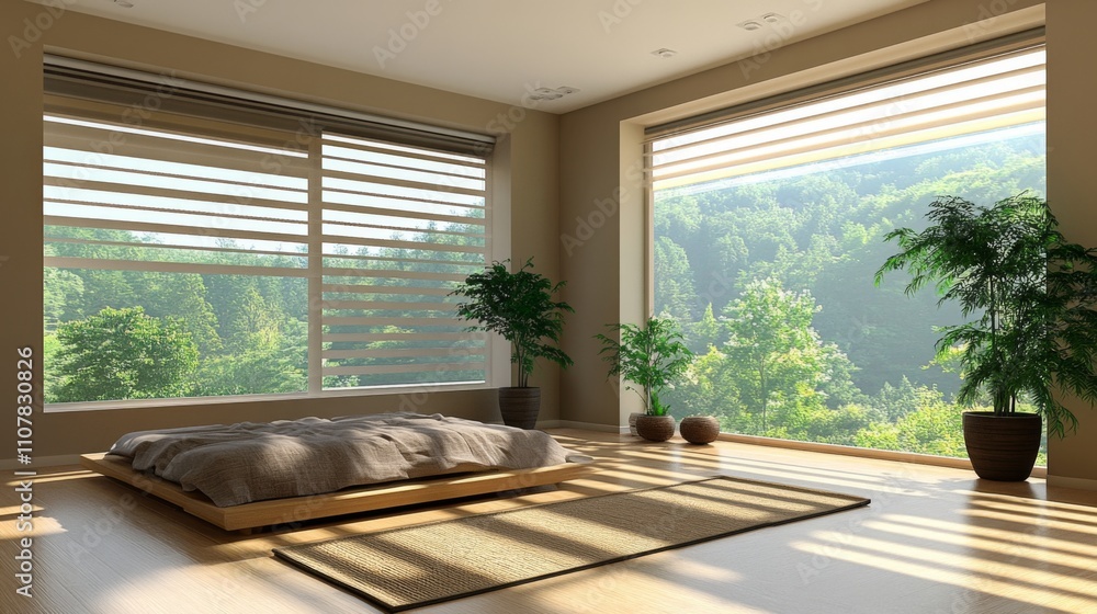 Fototapeta premium Modern Minimalist Bedroom With Large Windows Overlooking Nature
