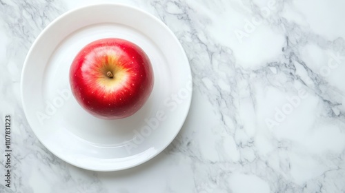 Single red apple on white plate on clean marble surface.