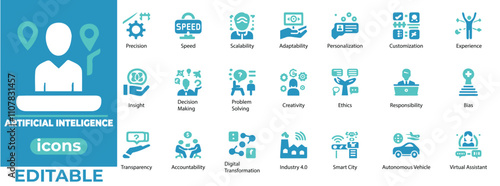Editable AI vector icons for precision, scalability, ethics, problem-solving, automation, smart cities, digital transformation and innovation