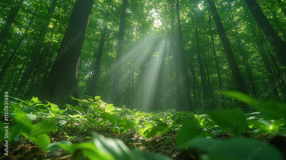 Obraz premium Sunlight filtering through lush green trees in serene forest, creating peaceful atmosphere