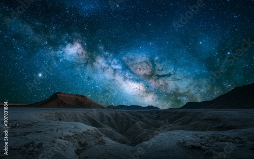 Night sky desert landscape. Majestic Milky Way galaxy over a desolate, mountainous terrain. Evokes wonder and vastness.