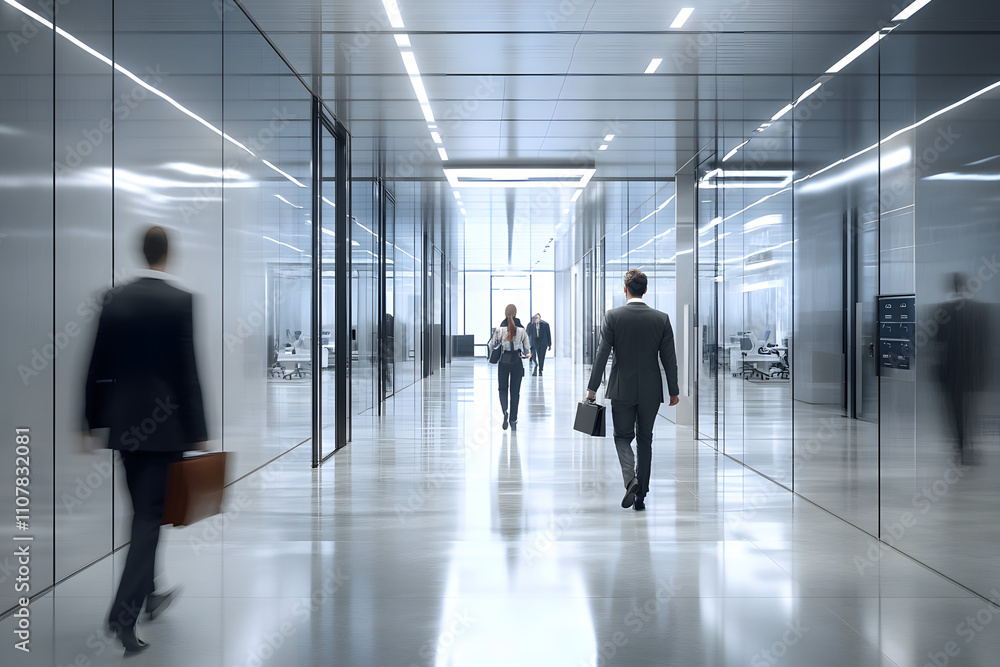 A busy office corridor filled with professionals walking quickly, motion blur capturing their dynamic movement, modern corporate design with glass walls and bright LED lighting A busy office corridor filled with professionals walking quickly, motion blur capturing their dynamic movement, modern corporate design with glass walls and bright LED lighting