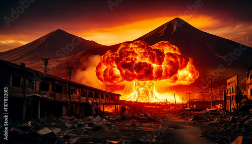 Atomic explosion with bright orange glow against the background of a destroyed apocalyptic urban landscape, the shock wave from the explosion destroys buildings