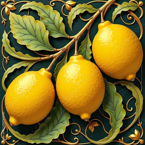 Three lemons on a decorative branch with leaves, intricate design, rich colors