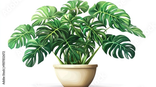 a 2D cartoon illustration of a potted monstera plant, large and leafy, white background--ar 16:9 photo