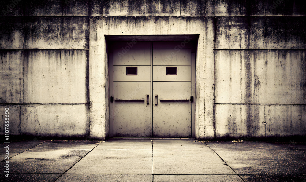 Obraz premium Weathered concrete wall with double doors; grunge urban background; industrial setting; aged texture; architectural detail.