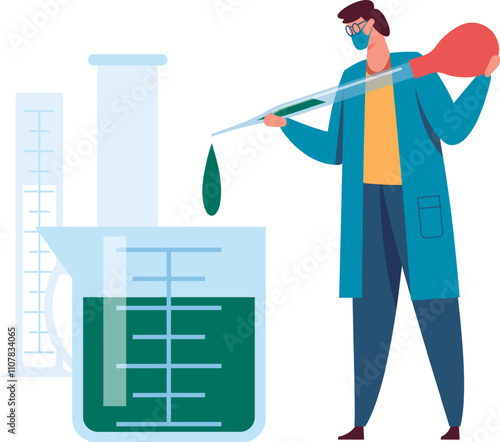Scientist wearing a lab coat and face mask uses a pipette to add reagent to a graduated cylinder containing a green liquid, conducting a scientific experiment