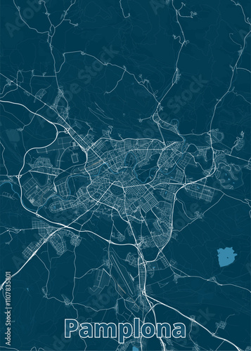 The image showcases a detailed map of Pamplona, Spain, rendered in a minimalist style. The map is presented against a deep teal background, with white lines representing roads, streets, and waterways.