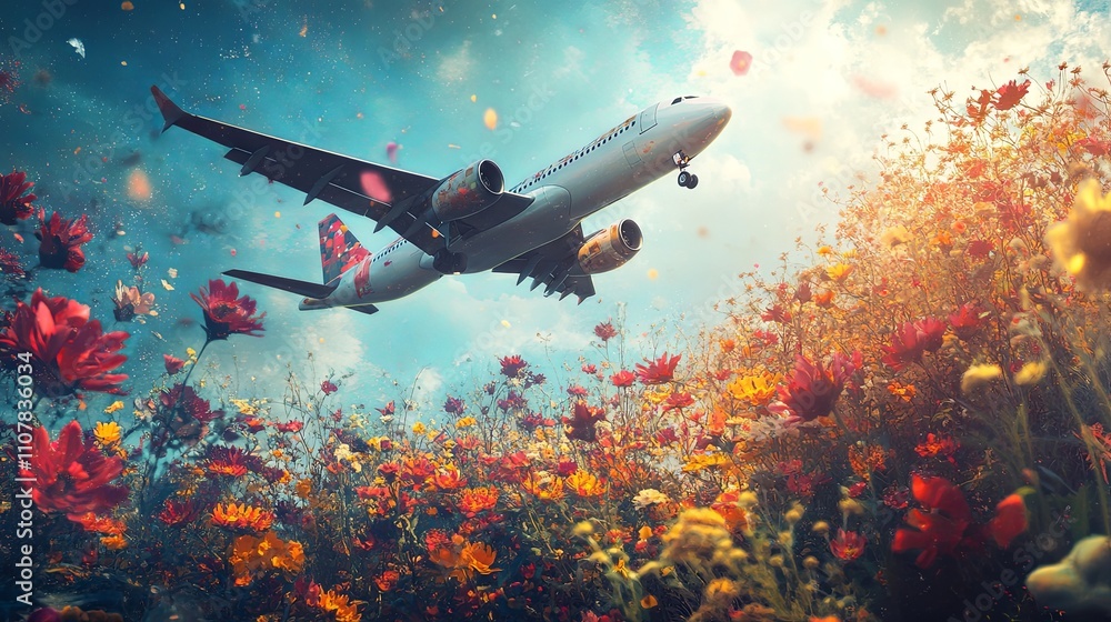 Obraz premium A passenger plane flies in the sky over a blooming garden
