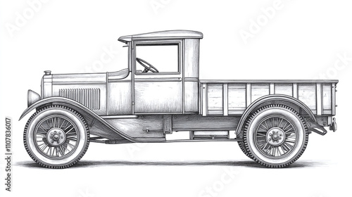 Nostalgic pickup truck vintage, coloring page sketch drawing, detailed old book retro vehicle, antique transportation classic, automobile traditional line.