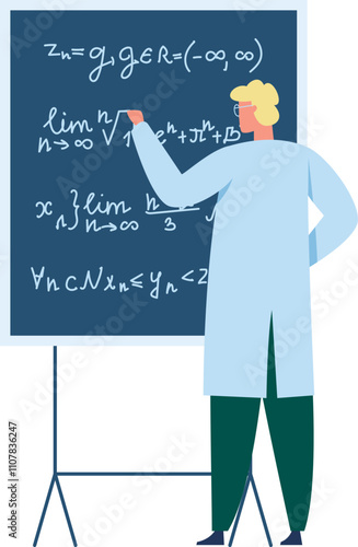 Scientist wearing lab coat and glasses writing complex mathematical formulas and limits on a blackboard during a lecture or presentation