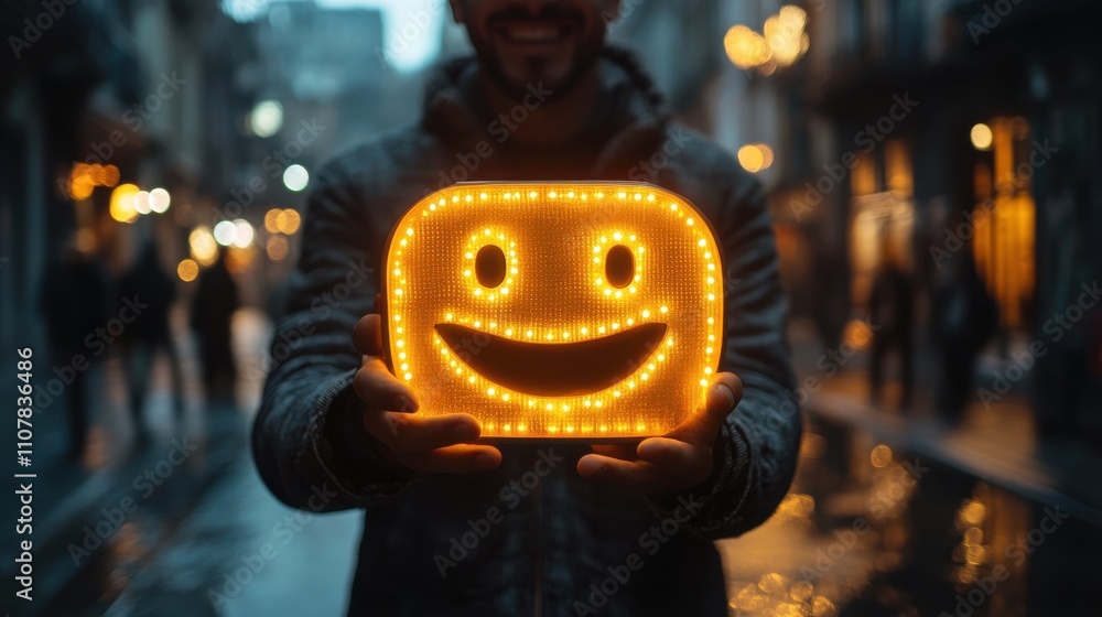 Obraz premium businessman using smartphone and pushing smile button for the best evaluation customer satisfaction concep