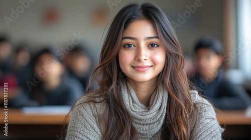 Wallpaper Mural A young woman smiles in a classroom, with students blurred in the background. Torontodigital.ca