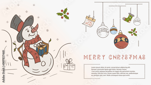 Christmas colored contour illustration in the style of childrens doodles with the text Lorem Ipsum A snowman in a top hat