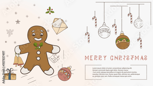 Christmas colored contour illustration in the style of childrens doodles with the text Lorem Ipsum Gingerbread Man