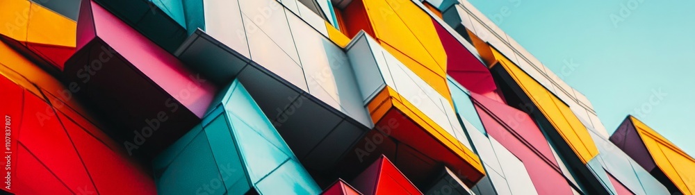 Fototapeta premium Vibrant Architectural Innovation, a captivating view of a modern building featuring intricate geometric patterns and bold colors that exemplify creative design excellence.