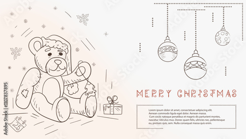 Christmas contour illustration in the style of childrens doodles with the text of Lorem Ipsum a bear toy in a Santa hat