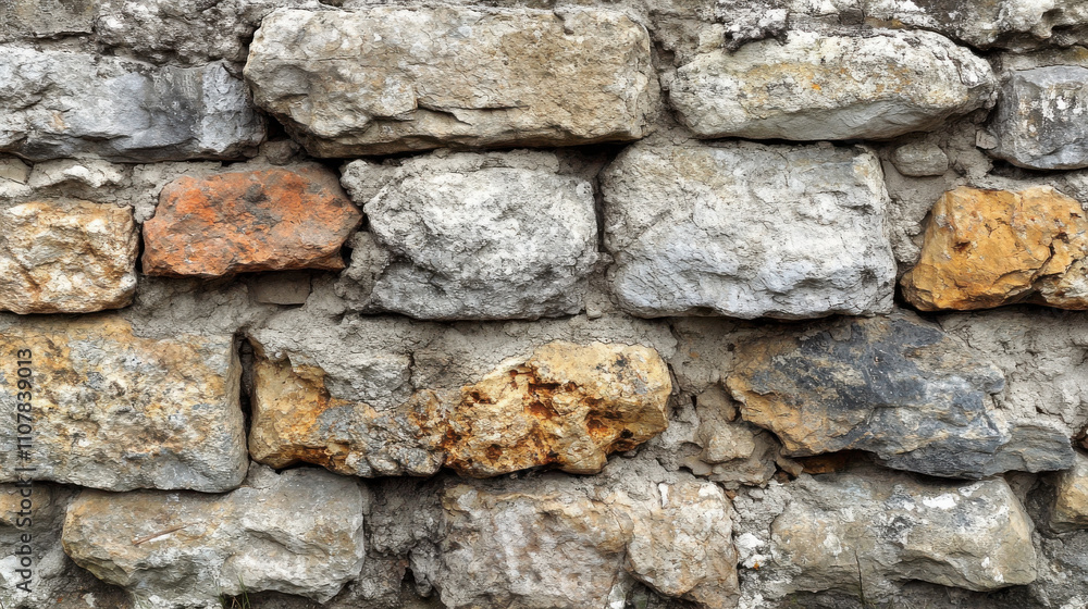 Fototapeta premium Rough stone wall with various textures and colors, showcasing natural elements and rustic charm. Ideal for backgrounds or architectural designs