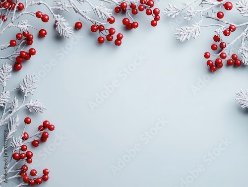 Yearend clearance banner, frosted holly leaves and red berries, 3D illustration photo