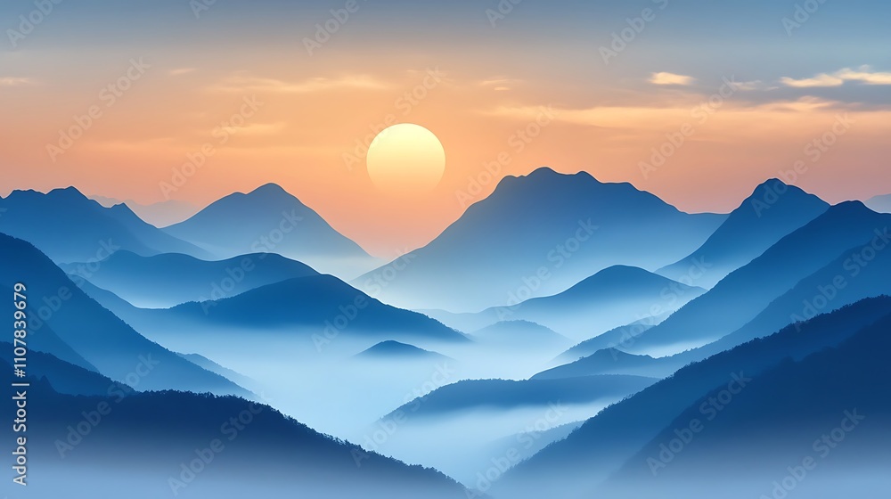 Fototapeta premium Misty mountains bathed in soft sunlight with gentle clouds drifting across the sky