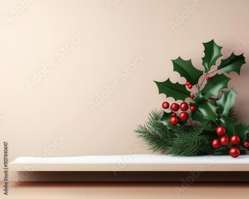 Festive clearance section, holly and snow decorating sale shelves, 3D illustration photo