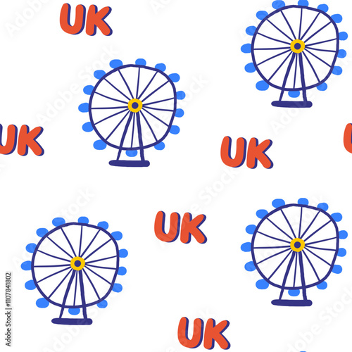 Cute England, English, Great Britain, United Kingdom seamless pattern. Funny hand drawn doodle repeatable pattern with Ferris wheel, sightseeing. British theme background