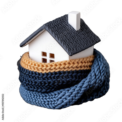 Cozy knitted scarf wrapped around miniature house on transparent background photo