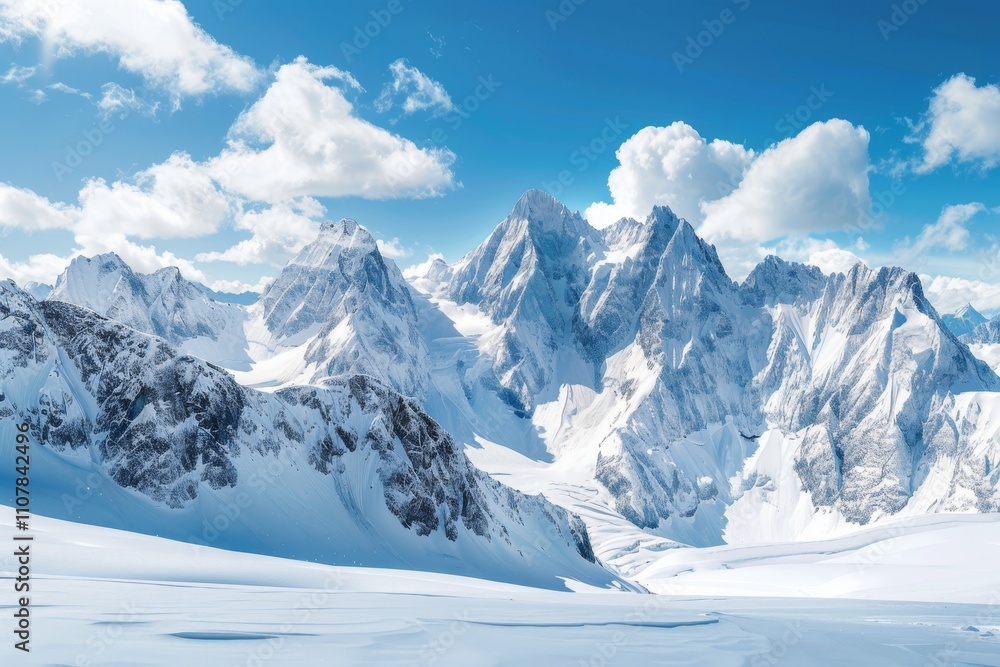 Obraz premium Majestic snow-capped mountains under a bright blue sky with fluffy clouds in a serene winter landscape