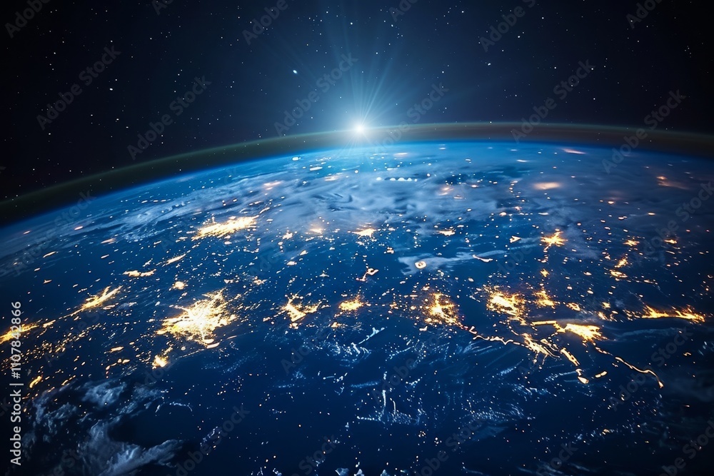 Obraz premium Stunning view of Earth from space showcasing city lights and the dawn illuminating the planet