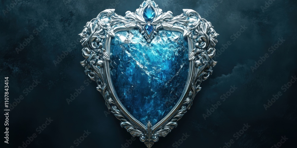 Fototapeta premium Intricate shield design featuring shimmering blue crystal against a dark, atmospheric background