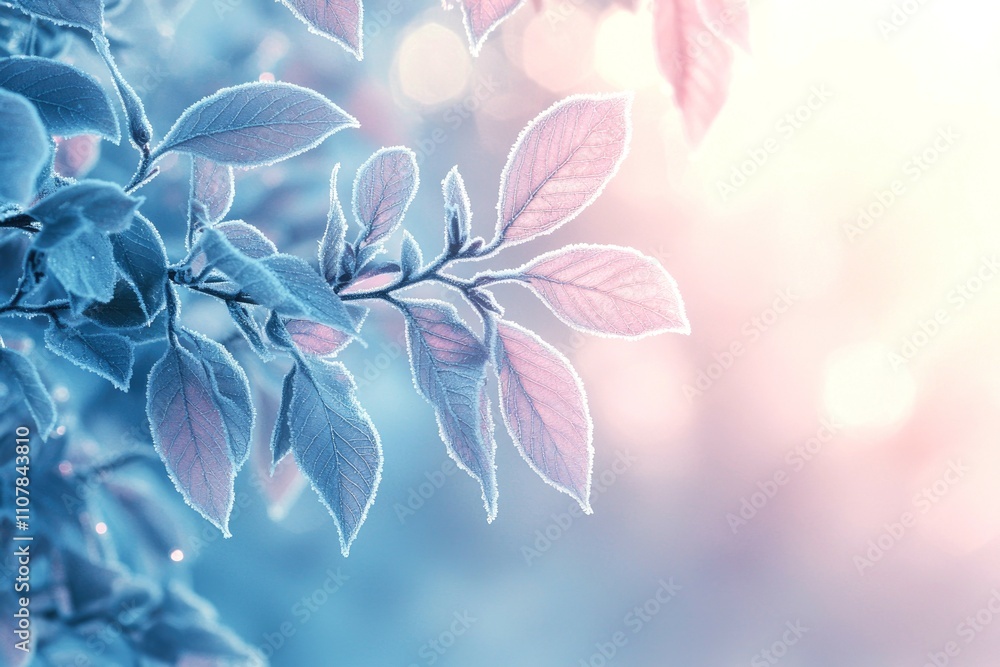Fototapeta premium Frosty Leaves in Soft Pink and Blue Winter Light Perfect for Seasonal Decor, Nature Themes, or Digital Backgrounds Showcasing Delicate Ice Patterns and Gentle Tones, space for text