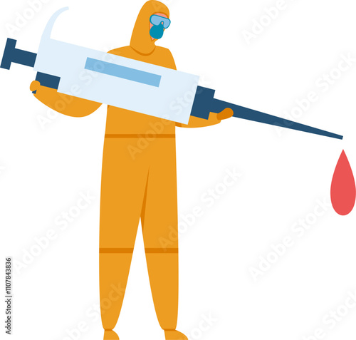 Doctor wearing a yellow hazmat suit and protective mask holding a giant syringe with a vaccine droplet, representing vaccination, healthcare, and pandemic response