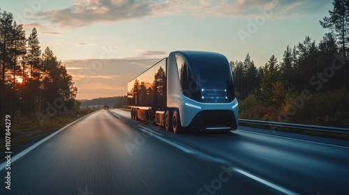 Futuristic electric truck driving on a highway at sunset.