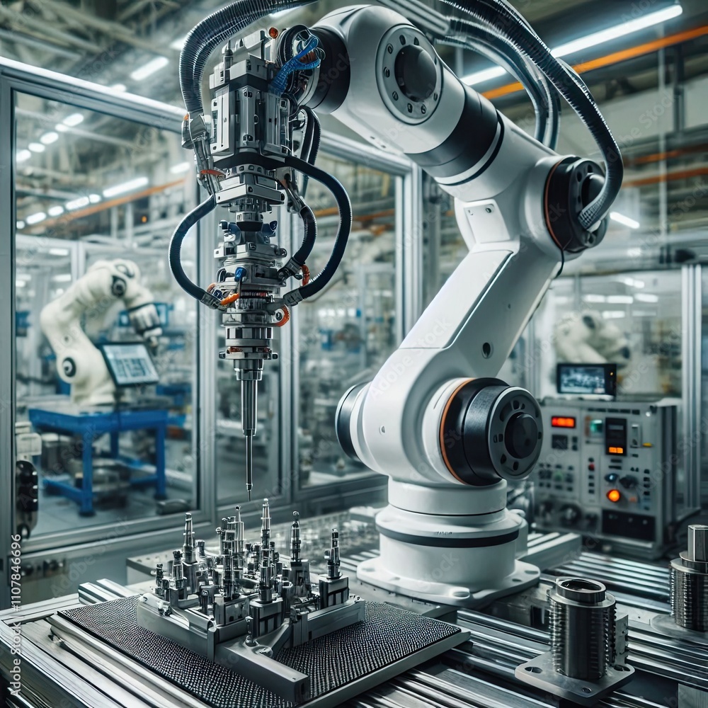Fototapeta premium Advanced robotic arm in an industrial setting, performing delicate precision tasks