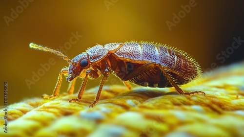 cimex hemipterus bedbug close up with bed backgroun photo