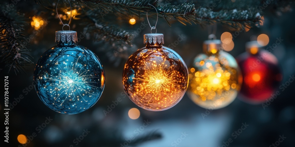 Obraz premium Colorful Christmas ornaments hang delicately on evergreen branches, reflecting the warm glow of holiday lights as evening settles in