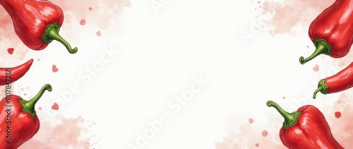 Watercolor red pepper frame. Vegetable pepper border watercolor. Hot chili pepper