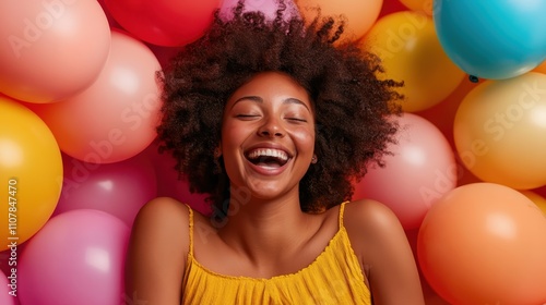 A carefree woman laughs wholeheartedly, lying surrounded by an array of pastel balloons, creating a whimsical and enchanting atmosphere of delight. photo