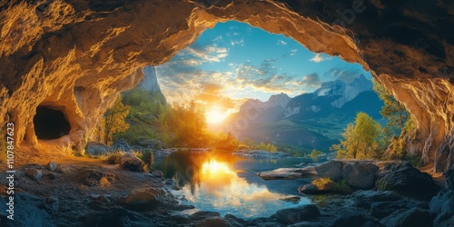 Breathtaking sunset illuminating a serene mountain landscape through a cave entrance by the tranquil waters