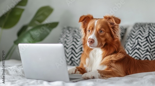 A charming dog sits attentively in front of a laptop on a cozy bed, surrounded by pillows, evoking a sense of focus, curiosity, and modern companionship. photo