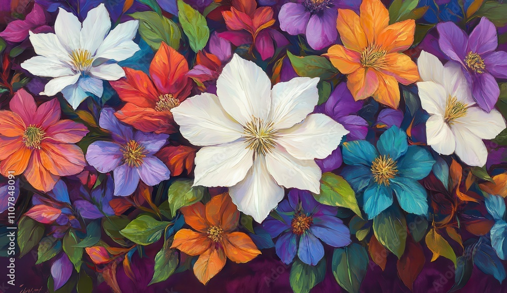 Obraz premium Vibrant Floral Composition Featuring Colorful Blossoms in Various Shades of White, Purple, Orange, Blue, and Green Set Against a Rich Background for Artistic and Nature Lovers